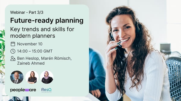 Banner for peopleware webinar showing details with a contact centre agent smiling in the background